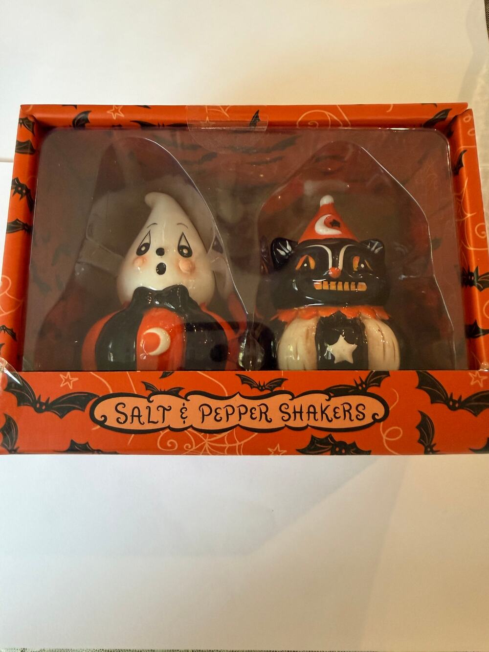 Johanna Parker Halloween Ghost & Black Cat Salt & Pepper Shakers New in Box